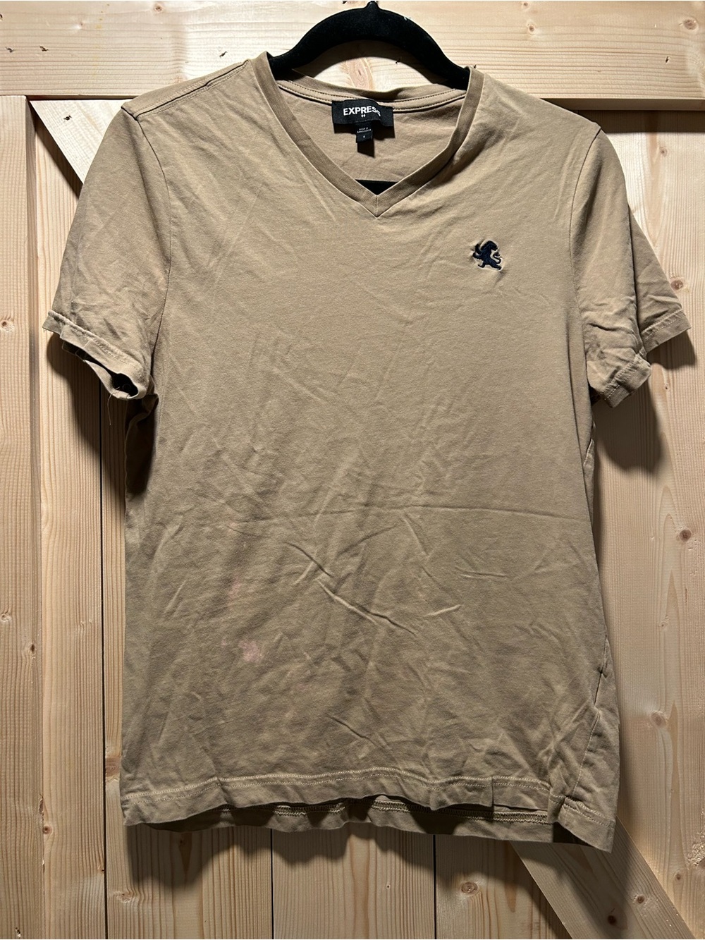 Express Men’s V-Neck T-Shirt in Khaki with Navy Logo
